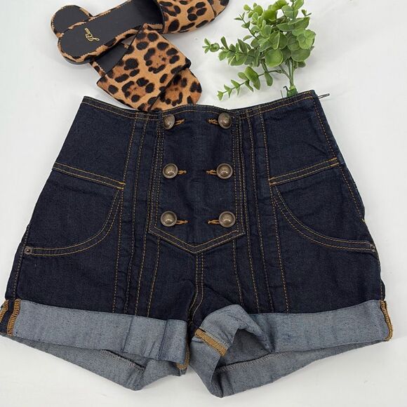 Miss Selfridge UK High Waist Stretch Denim‎ Button Shorts Side Zip Dark Blue 0 - Picture 1 of 9